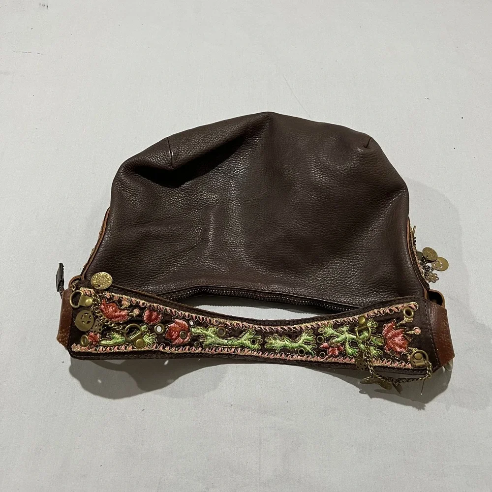 Y2K Betsey Johnson Womens Brown Studded Boho Floral Charm Leather Hobo Handbag